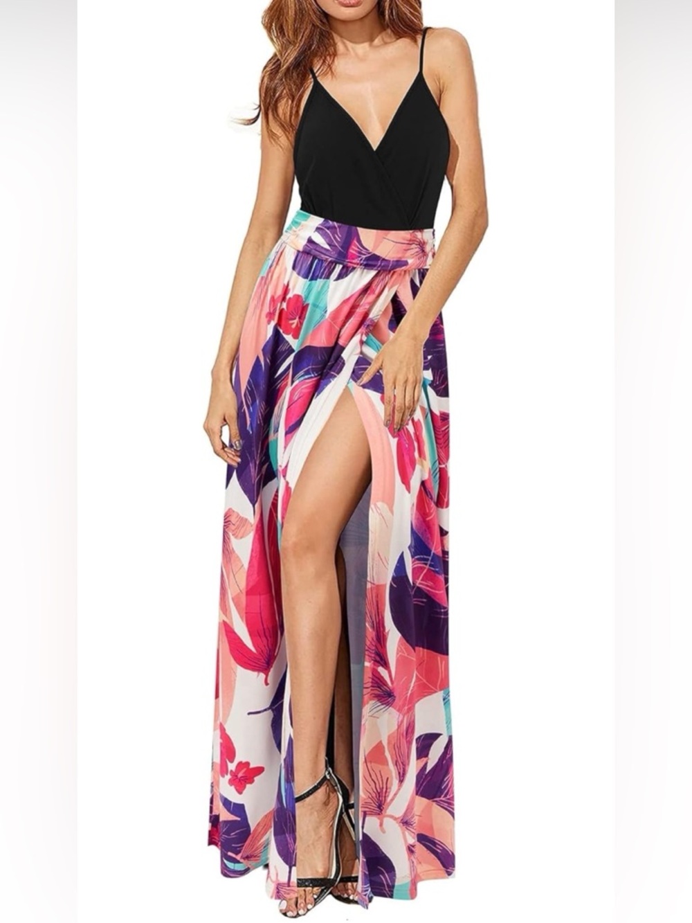 Floral Print Maxi Dress with Black Crossover Bodice